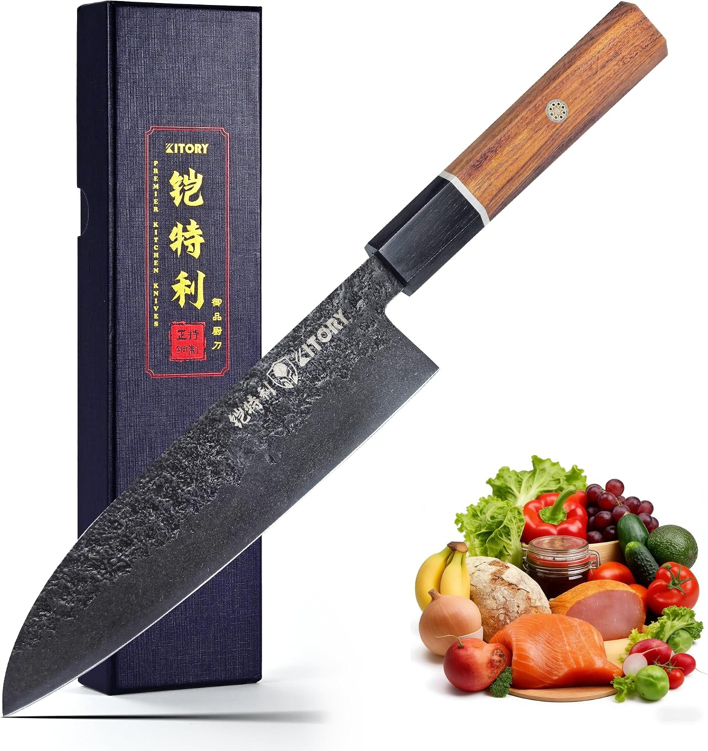 7'' Santoku Knife, Black Stonewashed High-Carbon Steel Japanese Kitchen Knife, Hand Forged Ultra Sharp Asian Chef Knife with Ergonomic Wood Handle and Gift Box