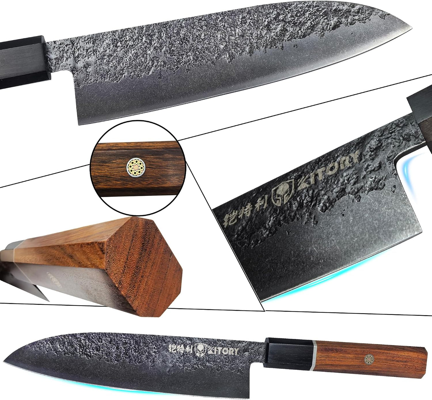 7'' Santoku Knife, Black Stonewashed High-Carbon Steel Japanese Kitchen Knife, Hand Forged Ultra Sharp Asian Chef Knife with Ergonomic Wood Handle and Gift Box