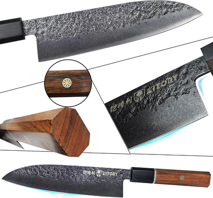 7'' Santoku Knife, Black Stonewashed High-Carbon Steel Japanese Kitchen Knife, Hand Forged Ultra Sharp Asian Chef Knife with Ergonomic Wood Handle and Gift Box