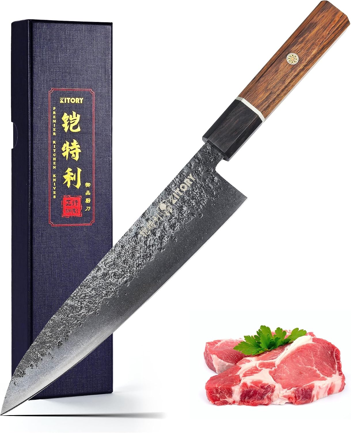 7'' Santoku Knife, Black Stonewashed High-Carbon Steel Japanese Kitchen Knife, Hand Forged Ultra Sharp Asian Chef Knife with Ergonomic Wood Handle and Gift Box