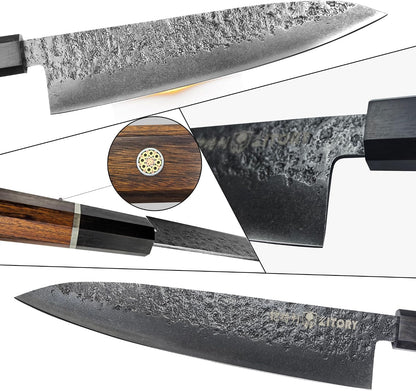 7'' Santoku Knife, Black Stonewashed High-Carbon Steel Japanese Kitchen Knife, Hand Forged Ultra Sharp Asian Chef Knife with Ergonomic Wood Handle and Gift Box