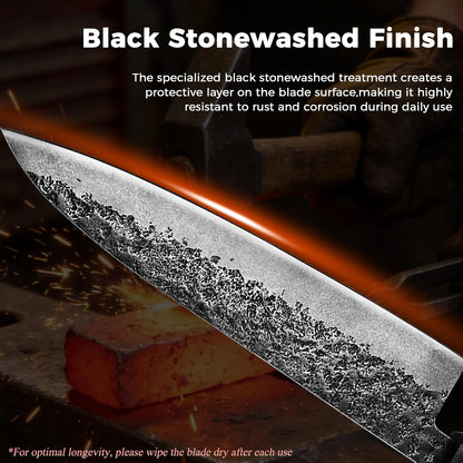 7'' Santoku Knife, Black Stonewashed High-Carbon Steel Japanese Kitchen Knife, Hand Forged Ultra Sharp Asian Chef Knife with Ergonomic Wood Handle and Gift Box