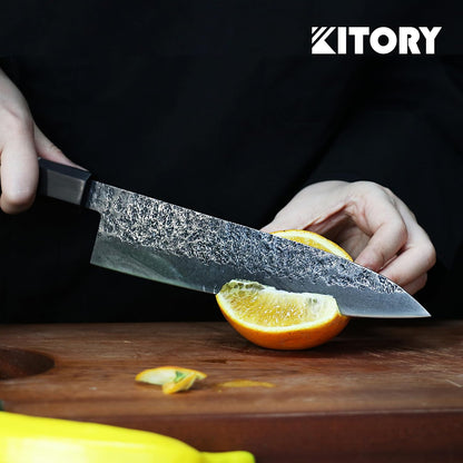7'' Santoku Knife, Black Stonewashed High-Carbon Steel Japanese Kitchen Knife, Hand Forged Ultra Sharp Asian Chef Knife with Ergonomic Wood Handle and Gift Box
