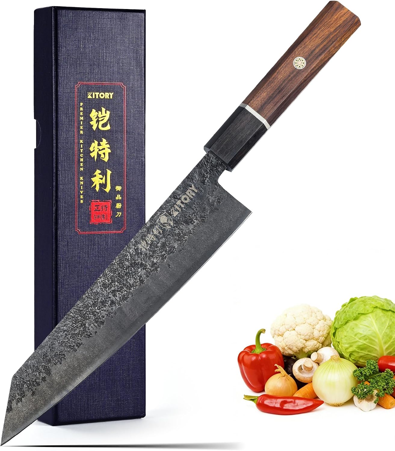 7'' Santoku Knife, Black Stonewashed High-Carbon Steel Japanese Kitchen Knife, Hand Forged Ultra Sharp Asian Chef Knife with Ergonomic Wood Handle and Gift Box
