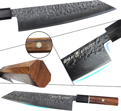 7'' Santoku Knife, Black Stonewashed High-Carbon Steel Japanese Kitchen Knife, Hand Forged Ultra Sharp Asian Chef Knife with Ergonomic Wood Handle and Gift Box