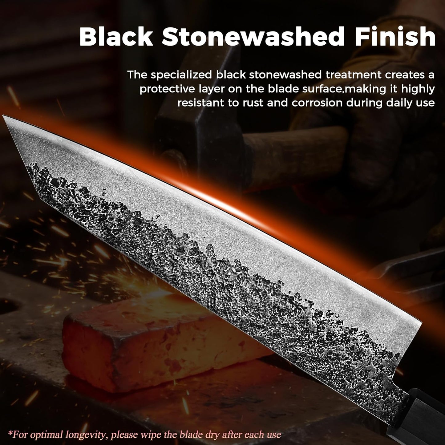 7'' Santoku Knife, Black Stonewashed High-Carbon Steel Japanese Kitchen Knife, Hand Forged Ultra Sharp Asian Chef Knife with Ergonomic Wood Handle and Gift Box
