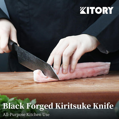7'' Santoku Knife, Black Stonewashed High-Carbon Steel Japanese Kitchen Knife, Hand Forged Ultra Sharp Asian Chef Knife with Ergonomic Wood Handle and Gift Box