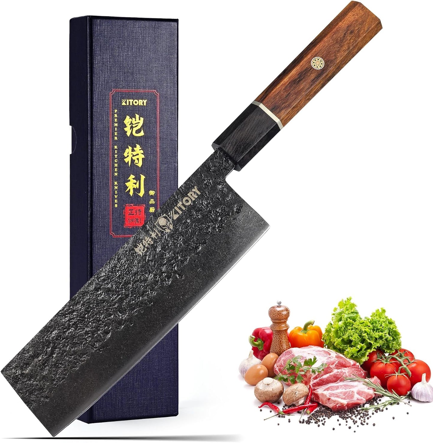 7'' Santoku Knife, Black Stonewashed High-Carbon Steel Japanese Kitchen Knife, Hand Forged Ultra Sharp Asian Chef Knife with Ergonomic Wood Handle and Gift Box