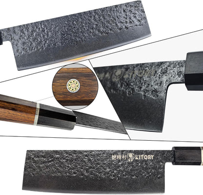 7'' Santoku Knife, Black Stonewashed High-Carbon Steel Japanese Kitchen Knife, Hand Forged Ultra Sharp Asian Chef Knife with Ergonomic Wood Handle and Gift Box