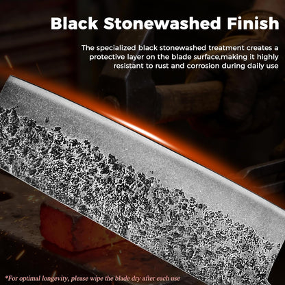 7'' Santoku Knife, Black Stonewashed High-Carbon Steel Japanese Kitchen Knife, Hand Forged Ultra Sharp Asian Chef Knife with Ergonomic Wood Handle and Gift Box