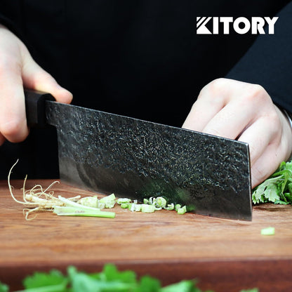 7'' Santoku Knife, Black Stonewashed High-Carbon Steel Japanese Kitchen Knife, Hand Forged Ultra Sharp Asian Chef Knife with Ergonomic Wood Handle and Gift Box