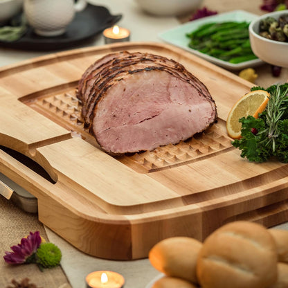 Maple Wood Cutting Board, 24”x18” – 2.25” Thick, 31-lb Reversible Wooden Butcher Block with Catch Pan, Sloped Juice Groove, Edge-Grain & Finger Grips - Carving Series
