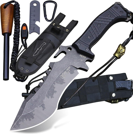 U.S.A 8mm thick DC53 steel 38.5CM (15.4in) (full tang) fixed knife+Nylon sheath&(5.9in) cerium igniter, suitable for outdoor hunting, camping, Jungle Survival, exploration, EDC tool knife