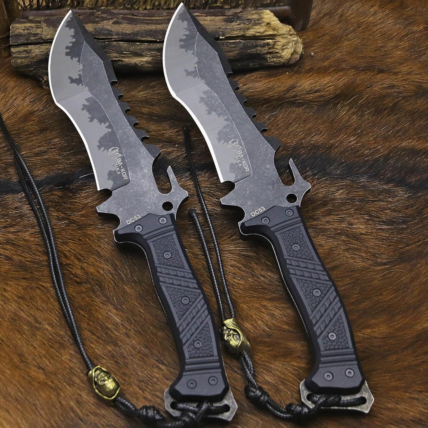 U.S.A 8mm thick DC53 steel 38.5CM (15.4in) (full tang) fixed knife+Nylon sheath&(5.9in) cerium igniter, suitable for outdoor hunting, camping, Jungle Survival, exploration, EDC tool knife