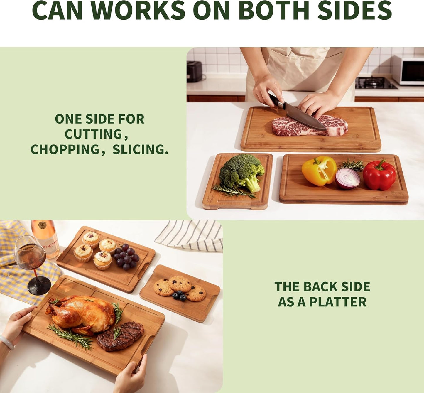 Bamboo Cutting Board, Dark Carbonized Chopping Boards Set of 3 with Stand, Butcher Block with Deep Juice Groove, Non-Toxic Wooden Cutting Boards for Kitchen Meal Prep & Serving