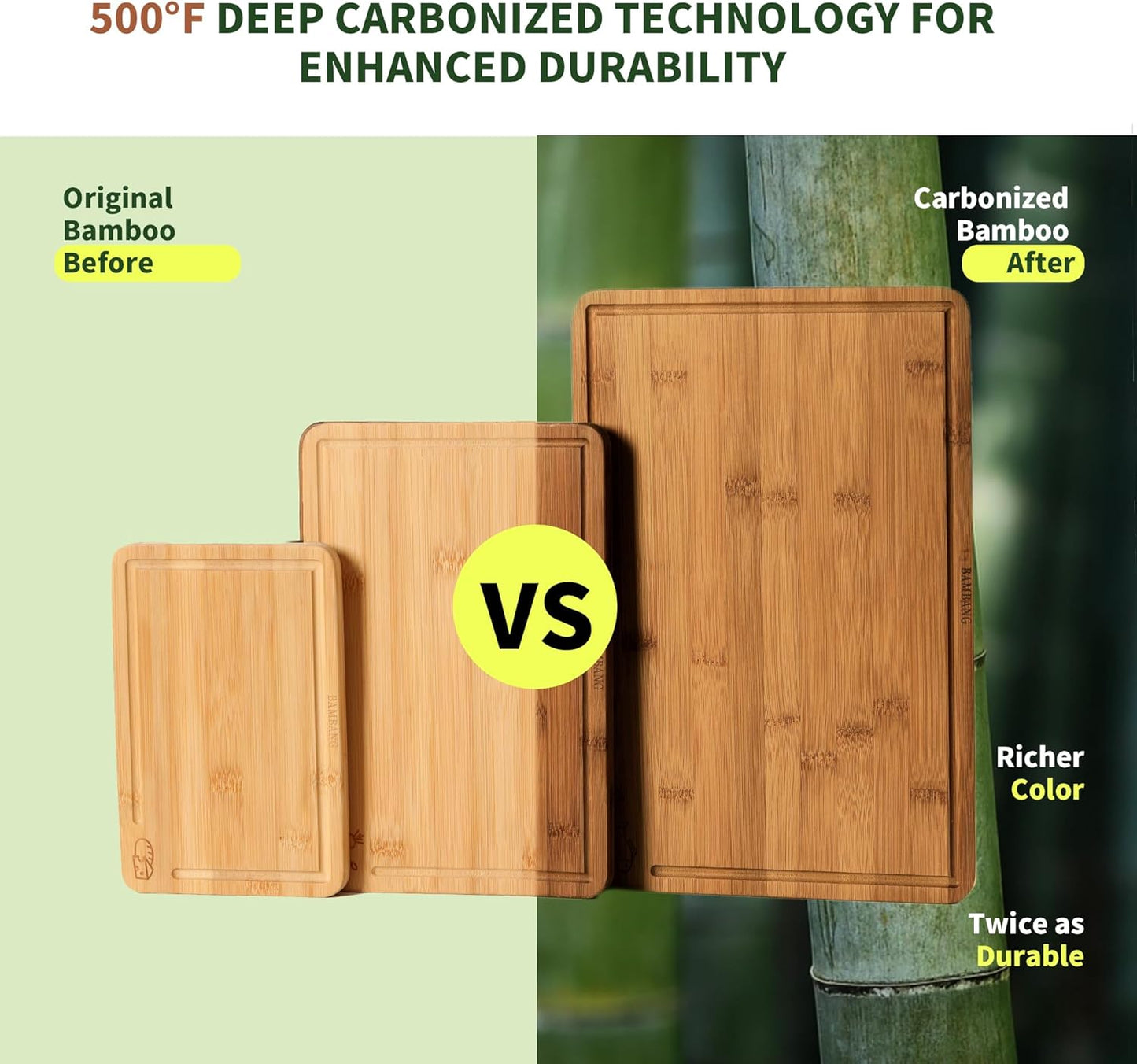 Bamboo Cutting Board, Dark Carbonized Chopping Boards Set of 3 with Stand, Butcher Block with Deep Juice Groove, Non-Toxic Wooden Cutting Boards for Kitchen Meal Prep & Serving
