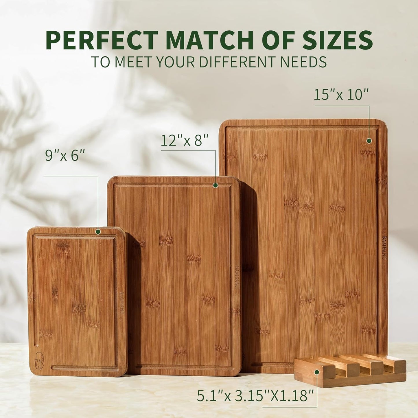 Bamboo Cutting Board, Dark Carbonized Chopping Boards Set of 3 with Stand, Butcher Block with Deep Juice Groove, Non-Toxic Wooden Cutting Boards for Kitchen Meal Prep & Serving
