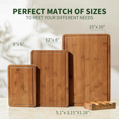 Bamboo Cutting Board, Dark Carbonized Chopping Boards Set of 3 with Stand, Butcher Block with Deep Juice Groove, Non-Toxic Wooden Cutting Boards for Kitchen Meal Prep & Serving