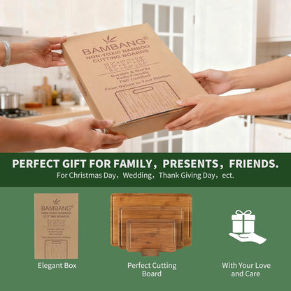 Bamboo Cutting Board, Dark Carbonized Chopping Boards Set of 3 with Stand, Butcher Block with Deep Juice Groove, Non-Toxic Wooden Cutting Boards for Kitchen Meal Prep & Serving
