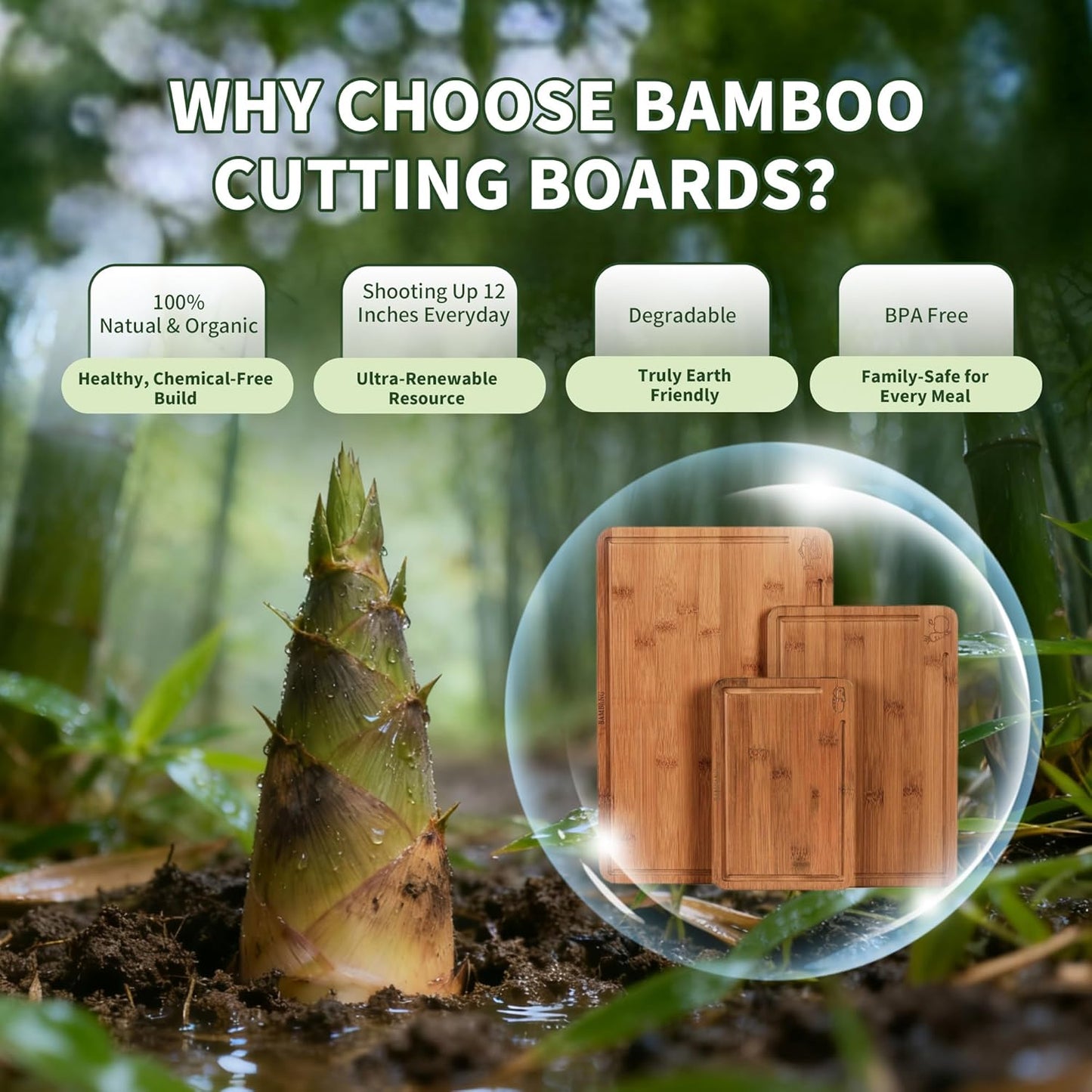 Bamboo Cutting Board, Dark Carbonized Chopping Boards Set of 3 with Stand, Butcher Block with Deep Juice Groove, Non-Toxic Wooden Cutting Boards for Kitchen Meal Prep & Serving