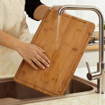 Bamboo Cutting Board, Dark Carbonized Chopping Boards Set of 3 with Stand, Butcher Block with Deep Juice Groove, Non-Toxic Wooden Cutting Boards for Kitchen Meal Prep & Serving
