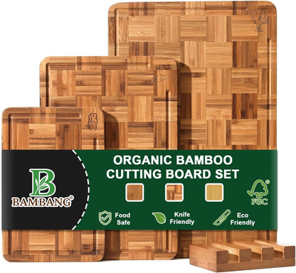 Bamboo Cutting Board, Dark Carbonized Chopping Boards Set of 3 with Stand, Butcher Block with Deep Juice Groove, Non-Toxic Wooden Cutting Boards for Kitchen Meal Prep & Serving