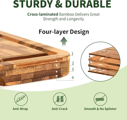 Bamboo Cutting Board, Dark Carbonized Chopping Boards Set of 3 with Stand, Butcher Block with Deep Juice Groove, Non-Toxic Wooden Cutting Boards for Kitchen Meal Prep & Serving