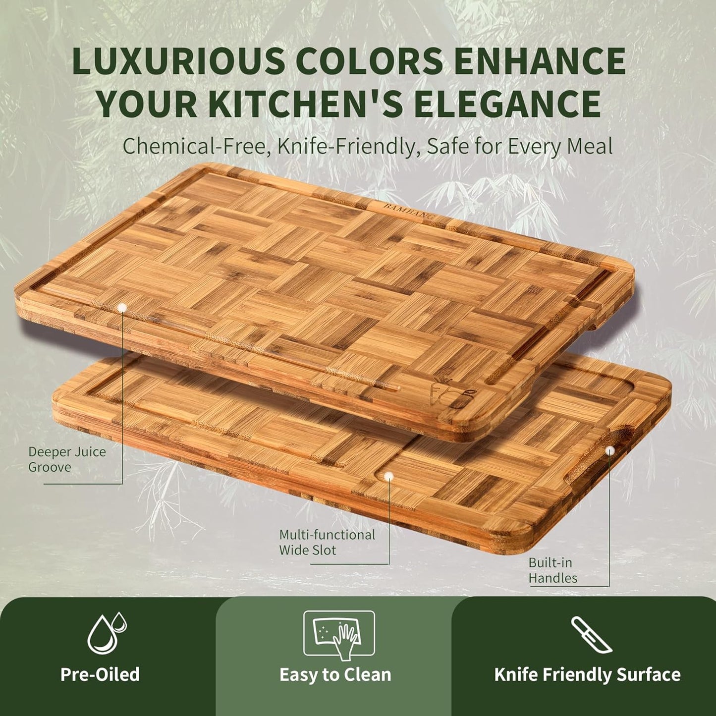 Bamboo Cutting Board, Dark Carbonized Chopping Boards Set of 3 with Stand, Butcher Block with Deep Juice Groove, Non-Toxic Wooden Cutting Boards for Kitchen Meal Prep & Serving