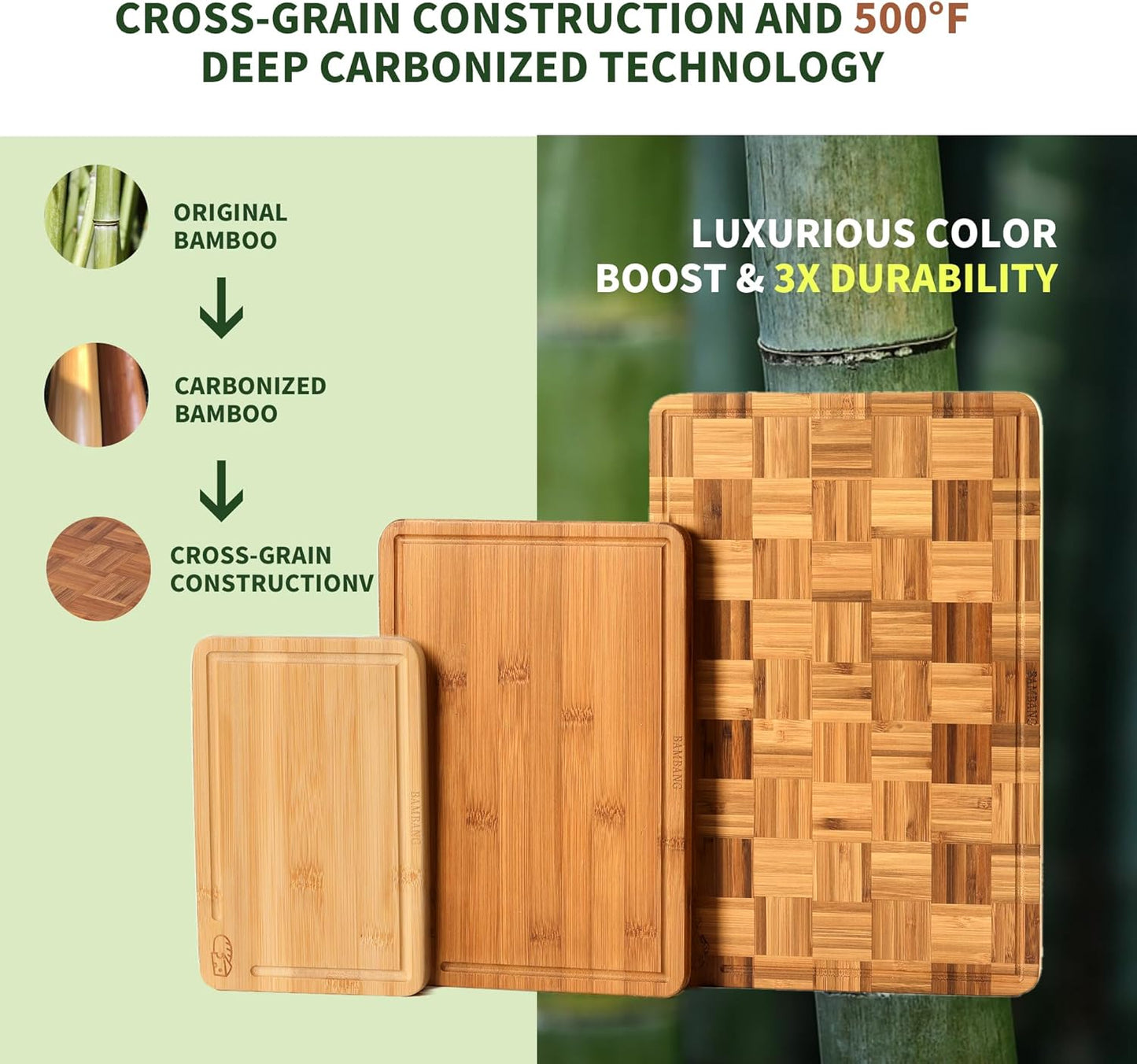 Bamboo Cutting Board, Dark Carbonized Chopping Boards Set of 3 with Stand, Butcher Block with Deep Juice Groove, Non-Toxic Wooden Cutting Boards for Kitchen Meal Prep & Serving