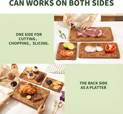 Bamboo Cutting Board, Dark Carbonized Chopping Boards Set of 3 with Stand, Butcher Block with Deep Juice Groove, Non-Toxic Wooden Cutting Boards for Kitchen Meal Prep & Serving