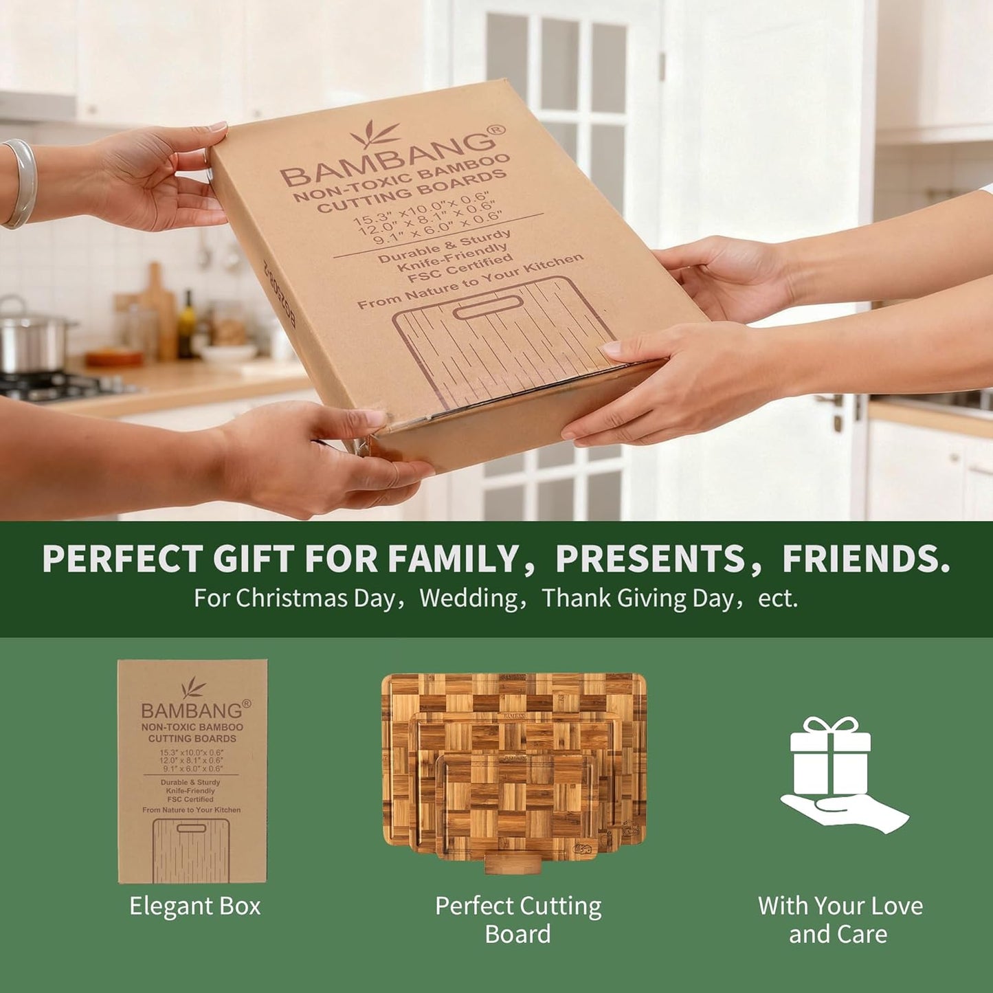 Bamboo Cutting Board, Dark Carbonized Chopping Boards Set of 3 with Stand, Butcher Block with Deep Juice Groove, Non-Toxic Wooden Cutting Boards for Kitchen Meal Prep & Serving