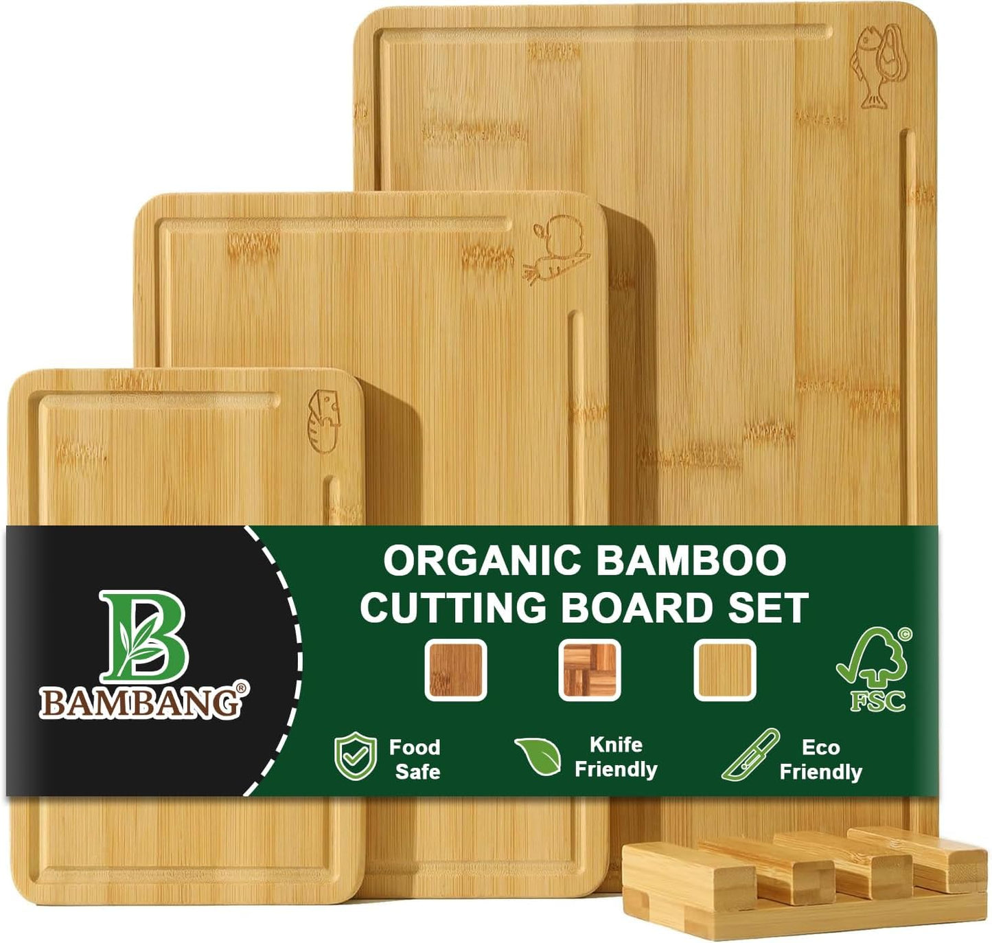 Bamboo Cutting Board, Dark Carbonized Chopping Boards Set of 3 with Stand, Butcher Block with Deep Juice Groove, Non-Toxic Wooden Cutting Boards for Kitchen Meal Prep & Serving