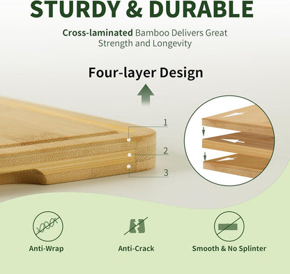 Bamboo Cutting Board, Dark Carbonized Chopping Boards Set of 3 with Stand, Butcher Block with Deep Juice Groove, Non-Toxic Wooden Cutting Boards for Kitchen Meal Prep & Serving