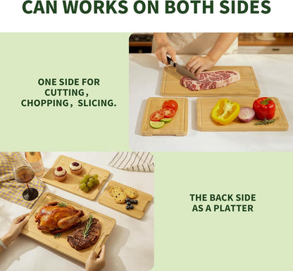 Bamboo Cutting Board, Dark Carbonized Chopping Boards Set of 3 with Stand, Butcher Block with Deep Juice Groove, Non-Toxic Wooden Cutting Boards for Kitchen Meal Prep & Serving