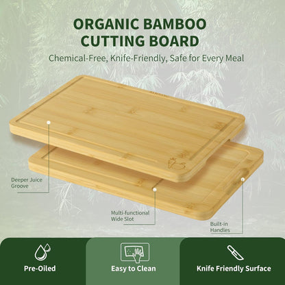 Bamboo Cutting Board, Dark Carbonized Chopping Boards Set of 3 with Stand, Butcher Block with Deep Juice Groove, Non-Toxic Wooden Cutting Boards for Kitchen Meal Prep & Serving