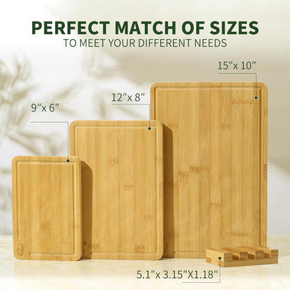 Bamboo Cutting Board, Dark Carbonized Chopping Boards Set of 3 with Stand, Butcher Block with Deep Juice Groove, Non-Toxic Wooden Cutting Boards for Kitchen Meal Prep & Serving