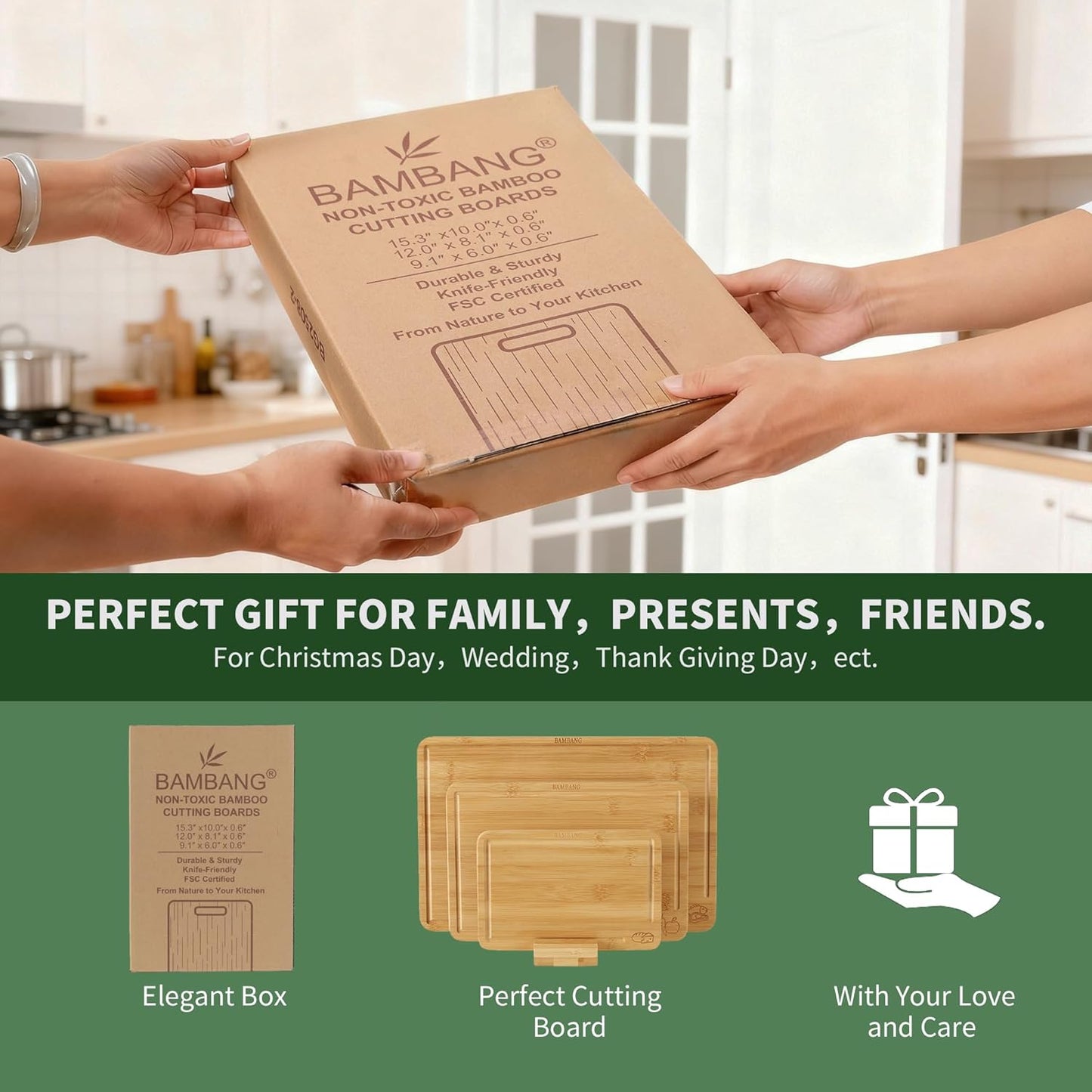 Bamboo Cutting Board, Dark Carbonized Chopping Boards Set of 3 with Stand, Butcher Block with Deep Juice Groove, Non-Toxic Wooden Cutting Boards for Kitchen Meal Prep & Serving