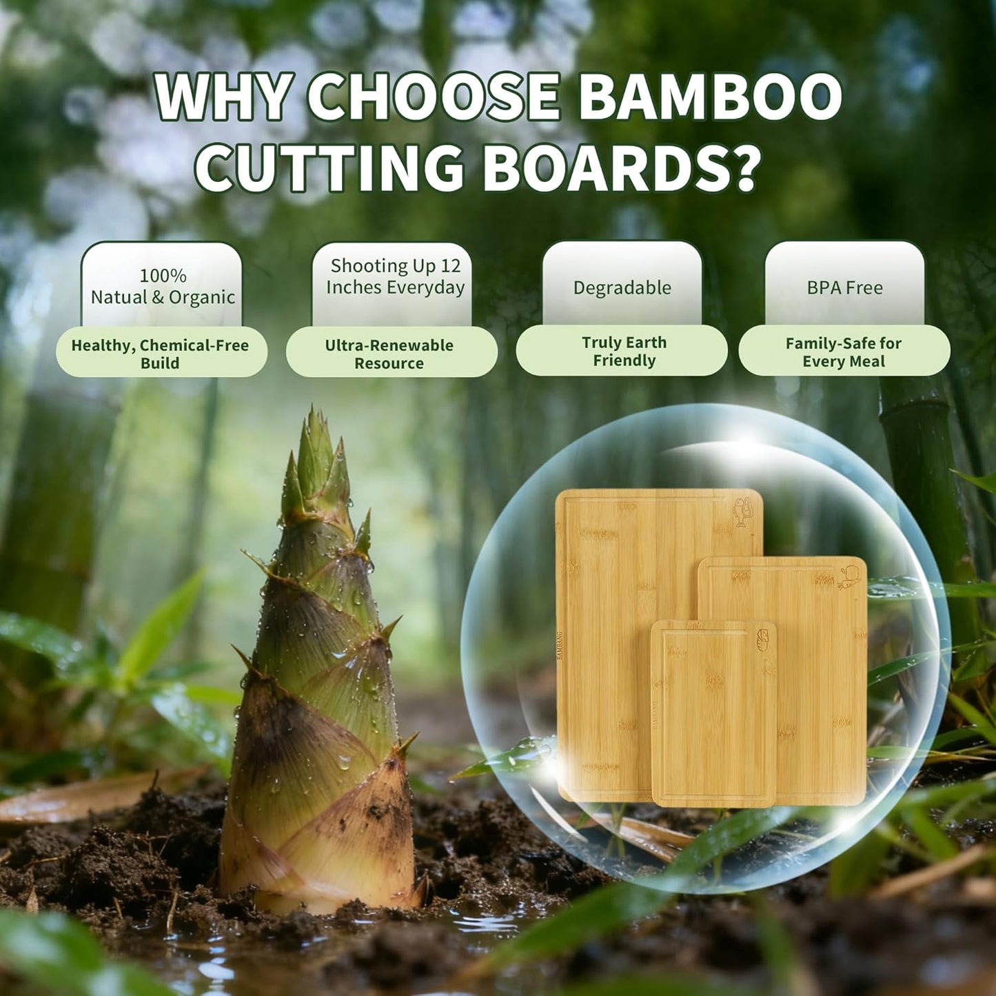 Bamboo Cutting Board, Dark Carbonized Chopping Boards Set of 3 with Stand, Butcher Block with Deep Juice Groove, Non-Toxic Wooden Cutting Boards for Kitchen Meal Prep & Serving