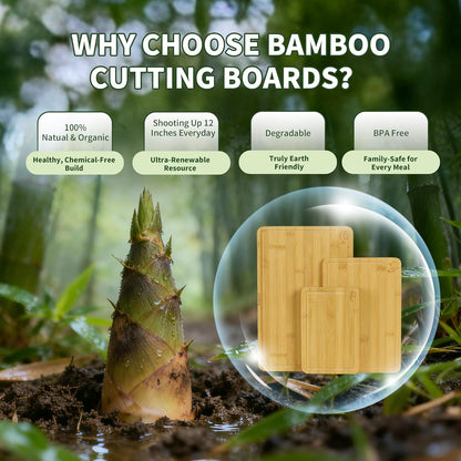 Bamboo Cutting Board, Dark Carbonized Chopping Boards Set of 3 with Stand, Butcher Block with Deep Juice Groove, Non-Toxic Wooden Cutting Boards for Kitchen Meal Prep & Serving