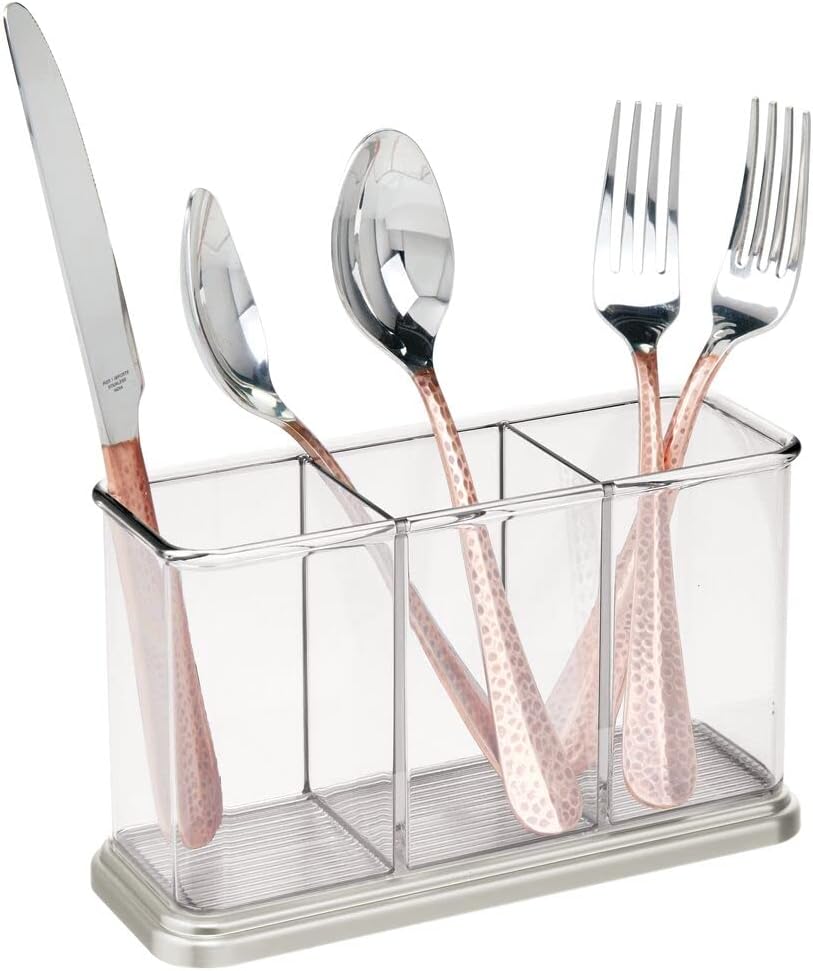 Plastic Cutlery Utensil Holder Storage Organizer Caddy for Kitchen Countertop Organization - Holds Fork, Knife, Spoon, Silverware - 3 Divided Sections - Hyde Collection - Clear/Brushed