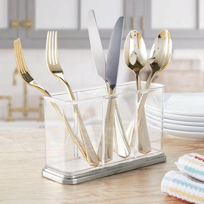 Plastic Cutlery Utensil Holder Storage Organizer Caddy for Kitchen Countertop Organization - Holds Fork, Knife, Spoon, Silverware - 3 Divided Sections - Hyde Collection - Clear/Brushed