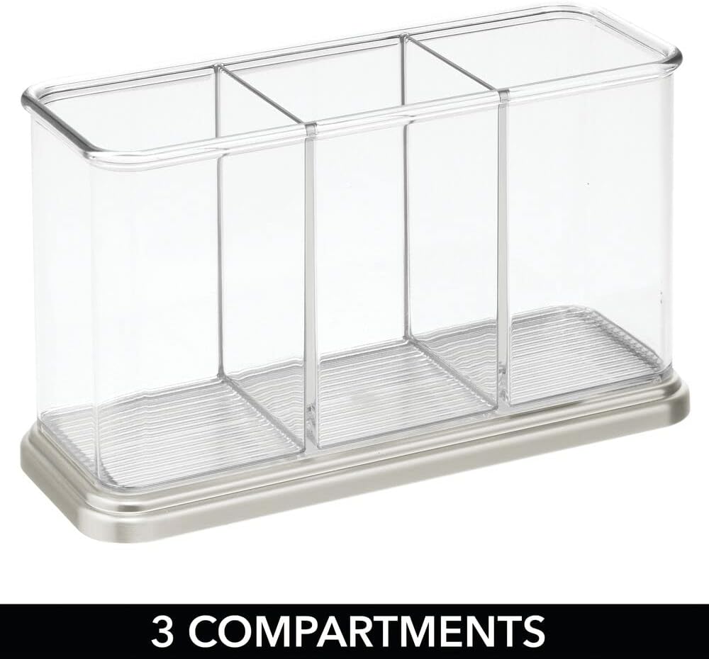 Plastic Cutlery Utensil Holder Storage Organizer Caddy for Kitchen Countertop Organization - Holds Fork, Knife, Spoon, Silverware - 3 Divided Sections - Hyde Collection - Clear/Brushed