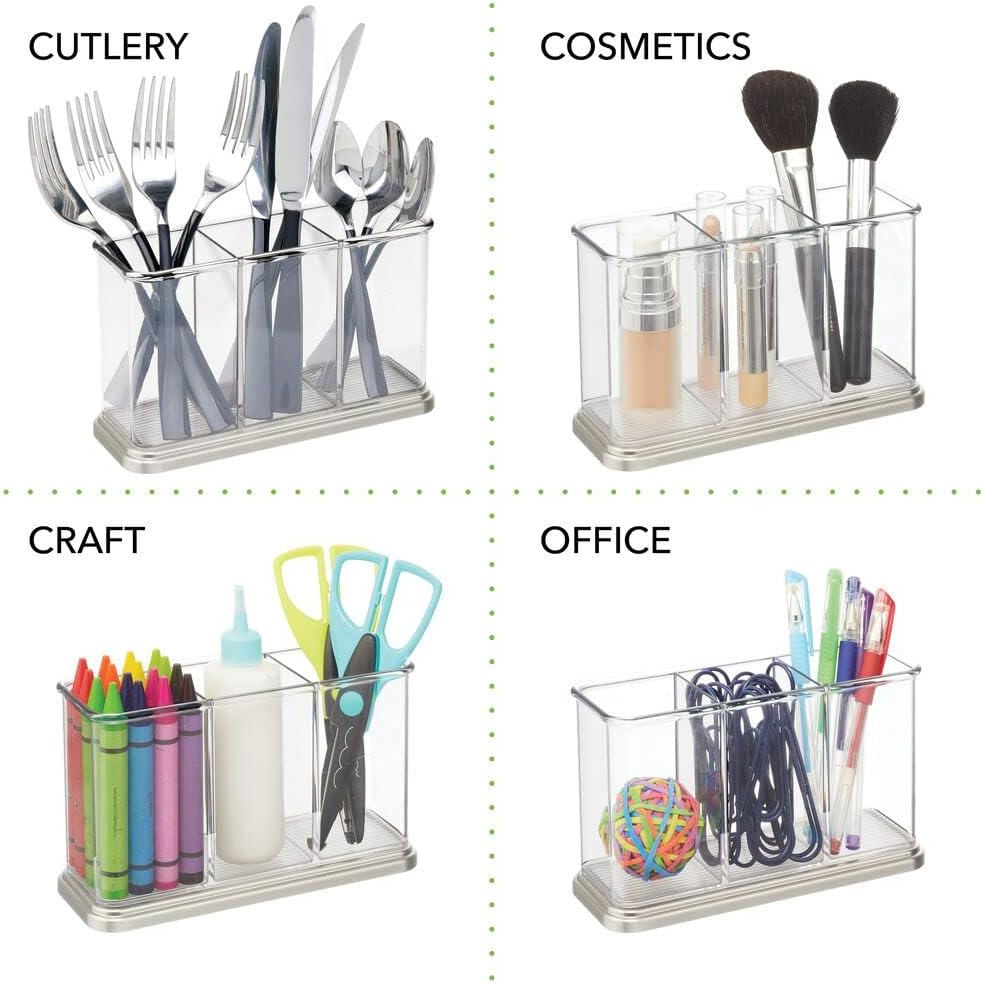 Plastic Cutlery Utensil Holder Storage Organizer Caddy for Kitchen Countertop Organization - Holds Fork, Knife, Spoon, Silverware - 3 Divided Sections - Hyde Collection - Clear/Brushed