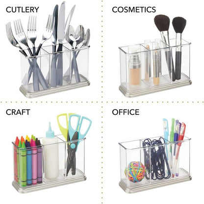 Plastic Cutlery Utensil Holder Storage Organizer Caddy for Kitchen Countertop Organization - Holds Fork, Knife, Spoon, Silverware - 3 Divided Sections - Hyde Collection - Clear/Brushed