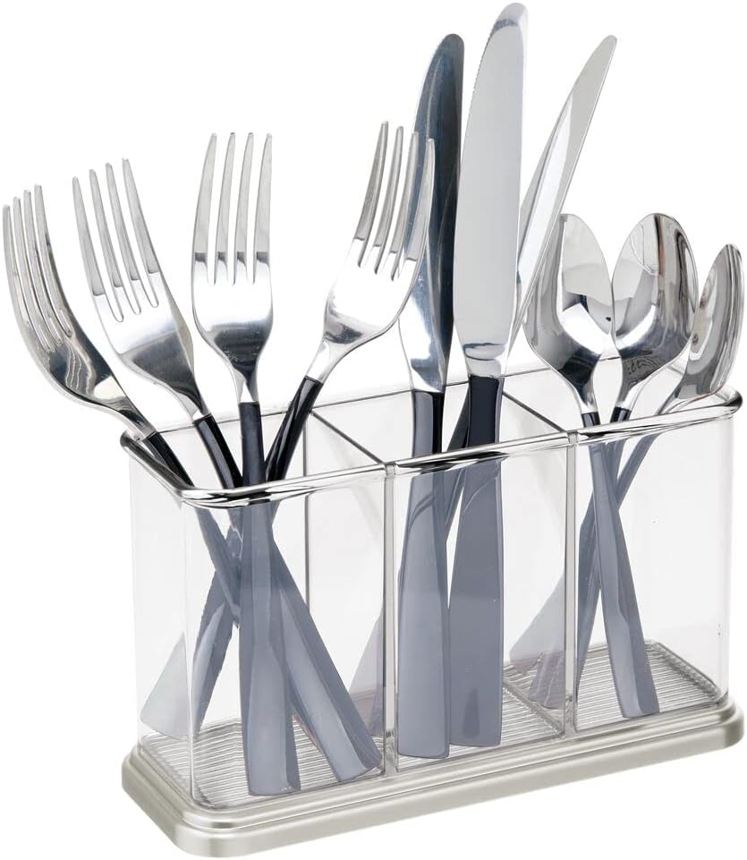 Plastic Cutlery Utensil Holder Storage Organizer Caddy for Kitchen Countertop Organization - Holds Fork, Knife, Spoon, Silverware - 3 Divided Sections - Hyde Collection - Clear/Brushed