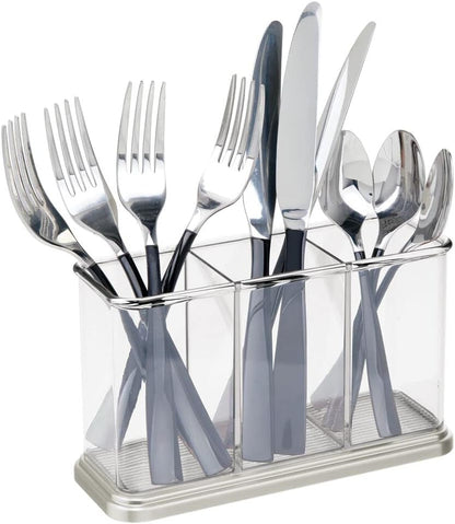 Plastic Cutlery Utensil Holder Storage Organizer Caddy for Kitchen Countertop Organization - Holds Fork, Knife, Spoon, Silverware - 3 Divided Sections - Hyde Collection - Clear/Brushed
