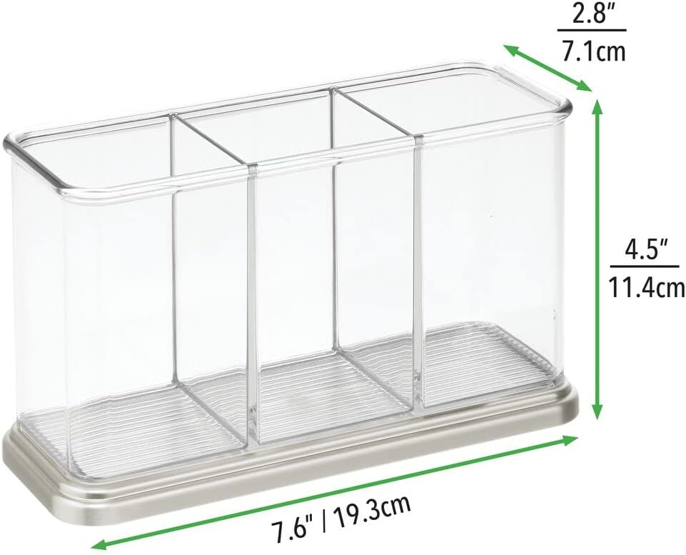 Plastic Cutlery Utensil Holder Storage Organizer Caddy for Kitchen Countertop Organization - Holds Fork, Knife, Spoon, Silverware - 3 Divided Sections - Hyde Collection - Clear/Brushed