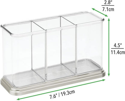 Plastic Cutlery Utensil Holder Storage Organizer Caddy for Kitchen Countertop Organization - Holds Fork, Knife, Spoon, Silverware - 3 Divided Sections - Hyde Collection - Clear/Brushed