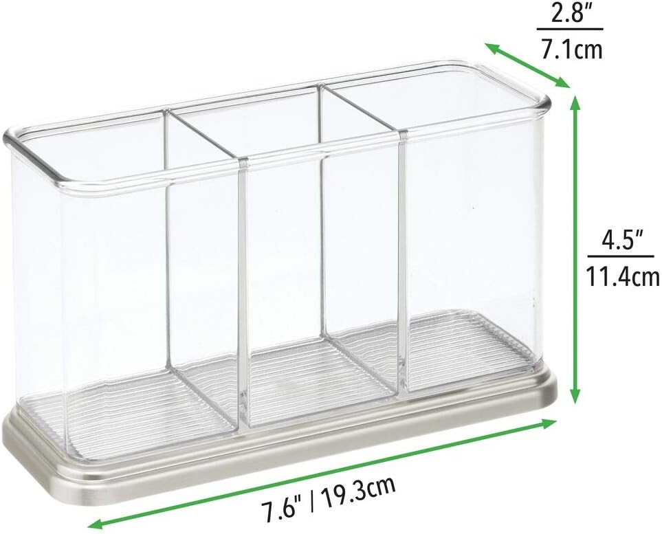 Plastic Cutlery Utensil Holder Storage Organizer Caddy for Kitchen Countertop Organization - Holds Fork, Knife, Spoon, Silverware - 3 Divided Sections - Hyde Collection - Clear/Brushed