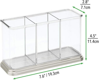 Plastic Cutlery Utensil Holder Storage Organizer Caddy for Kitchen Countertop Organization - Holds Fork, Knife, Spoon, Silverware - 3 Divided Sections - Hyde Collection - Clear/Brushed